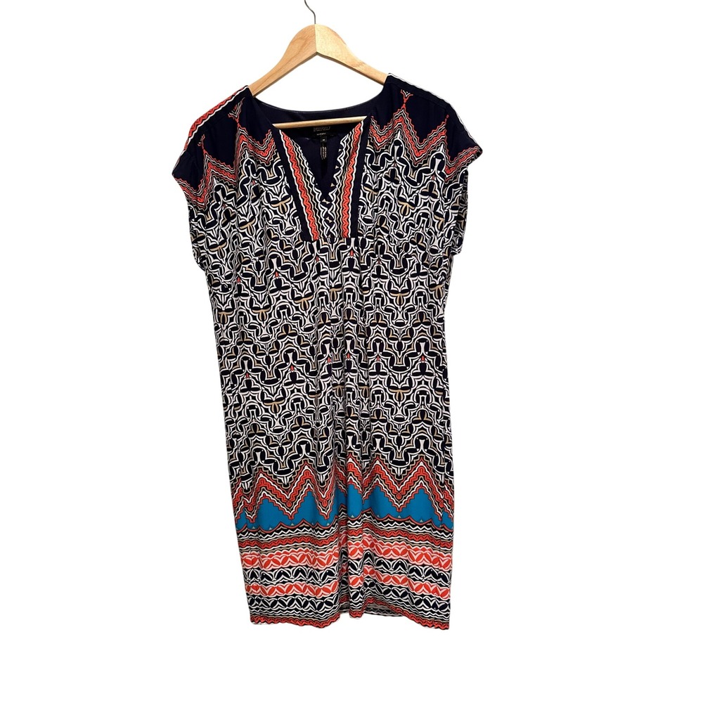 Laundry by Shelli Segal Navy Geometric Print V-Neck Shift Dress Womens‎ Medium